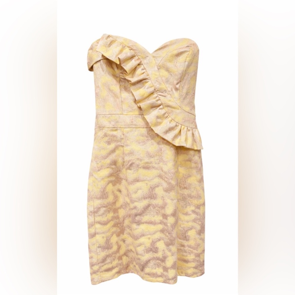 Karlie Pale Yellow Metallic Ruffle Trim Dress